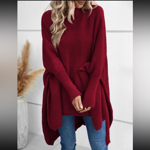 Cozy Mock Neck Dolman Sleeve High Low Hem knit Sweater Cape - Picture 13 of 16